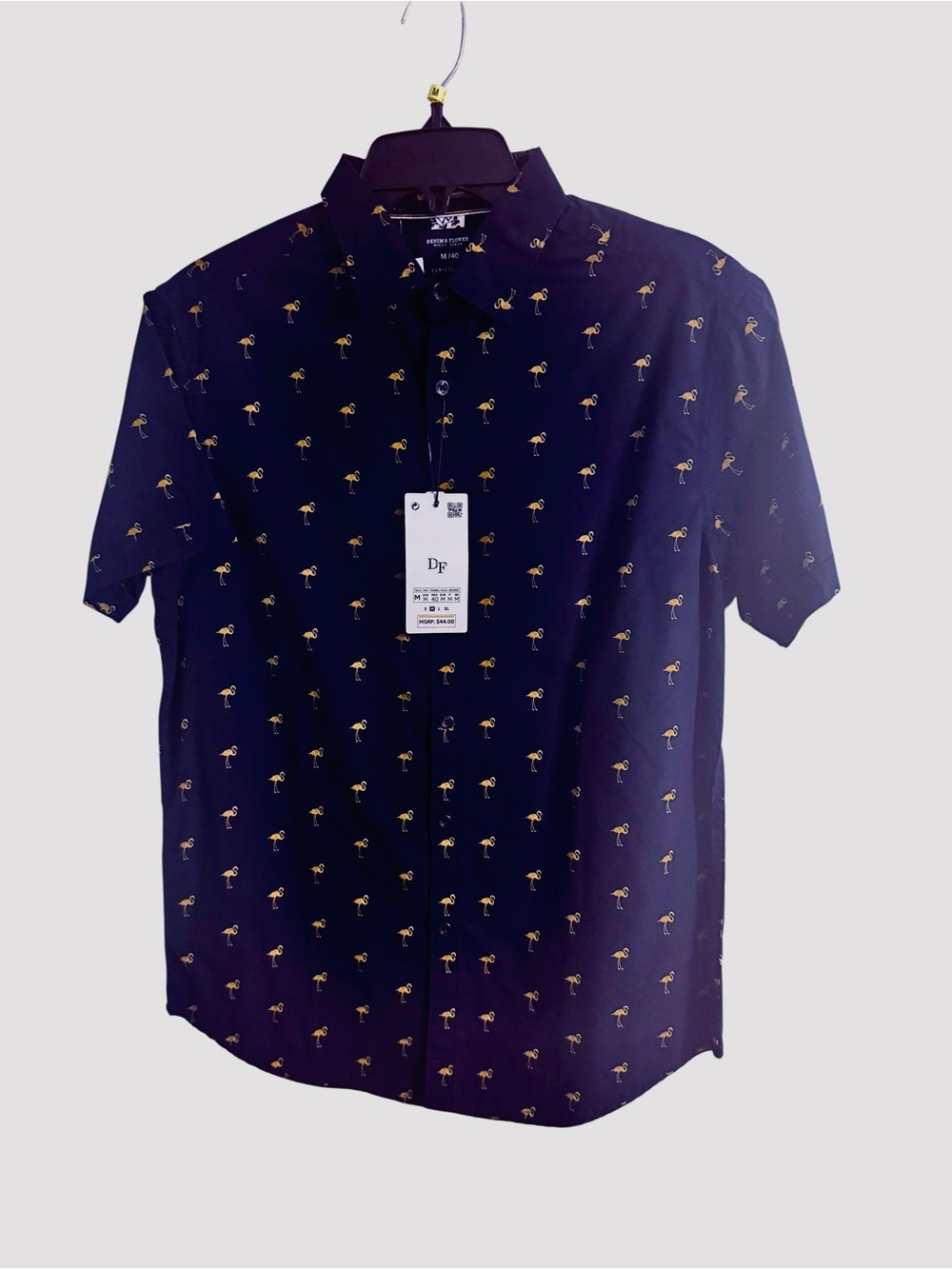 Denim & Flower Navy Short-Sleeve Button-Up with Gold Flamingo Motif